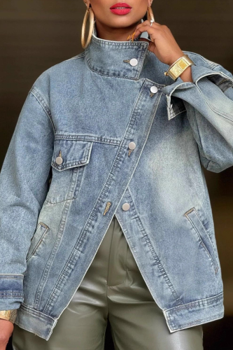 Casual Solid Color Buckle Mandarin Collar Long Sleeve Loose Denim Jacket