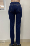 Street Solid Color Ripped Buttons Patchwork Zipper Mid Waist Regular Denim Jeans
