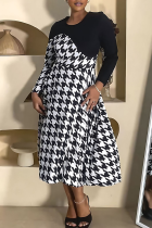Casual Print Contrast O Neck Long Dresses