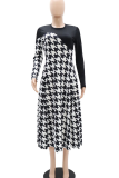 Casual Print Contrast O Neck Long Dresses