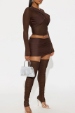 Sexy Solid Color Mesh O Neck Long Sleeve Two Pieces