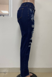 Street Solid Color Ripped Buttons Patchwork Zipper Mid Waist Regular Denim Jeans