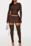 Sexy Solid Color Mesh O Neck Long Sleeve Two Pieces