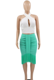 Elegant Solid Color Fringed Trim Contrast Halter Sleeveless Two Pieces