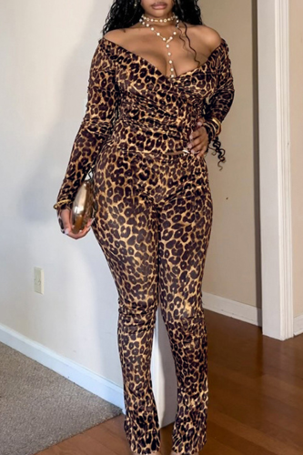 Sexy Leopard Print Patchwork O Neck Long Sleeve Two Pieces