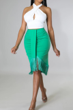 Elegant Solid Color Fringed Trim Contrast Halter Sleeveless Two Pieces