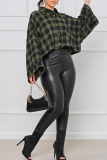 Casual Plaid Buckle Turndown Collar Tops
