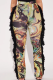 Casual Print Fringed Trim Boot Cut Mid Waist Patchwork Bottoms