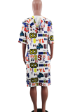 Casual Print Draw String Hooded Straight Dresses
