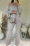 Casual Solid Color Hollow Out Oblique Collar Long Sleeve Two Pieces