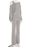 Casual Solid Color Hollow Out Oblique Collar Long Sleeve Two Pieces