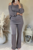 Casual Solid Color Hollow Out Oblique Collar Long Sleeve Two Pieces
