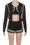 Casual Solid Color Stripe Contrast Zipper Collar Long Sleeve Two Pieces