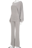 Casual Solid Color Hollow Out Oblique Collar Long Sleeve Two Pieces