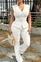 Casual Solid Color Buckle V Neck Sleeveless Two Pieces