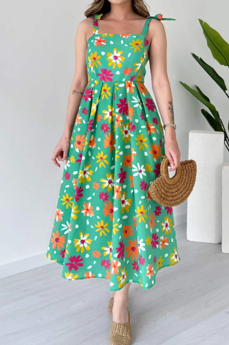 Elegant Print Strap Design Spaghetti Strap Long Dresses