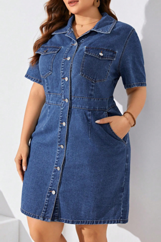 Casual Solid Color Buckle Turndown Collar Denim Plus Size Dresses