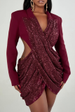 Sexy Solid Color Hollow Out Sequins V Neck Irregular Dresses