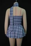 Sexy Plaid Ruched O Neck Sleeveless Two Pieces