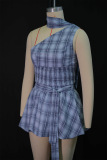 Sexy Plaid Ruched O Neck Sleeveless Two Pieces