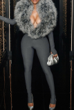 Casual Solid Color Fluffy Deep V Neck Skinny Jumpsuits