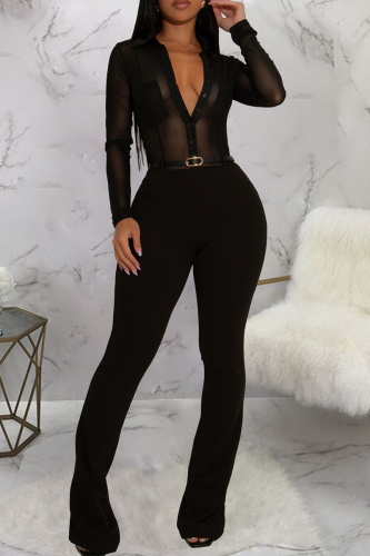Casual Solid Color See-Through With Belt Shirt Collar Bodycon Jumpsuits