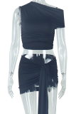 Sexy Solid Color Oblique Collar Sleeveless Two Pieces