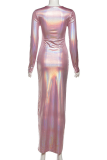 Elegant Solid Color Sequined O Neck Long Dresses