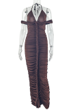 Sexy Solid Color Ruched Spaghetti Strap Long Dresses