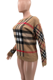 Casual Plaid Contrast O Neck Tops