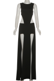 Sexy Solid Color High Slit O Neck Sleeveless Two Pieces