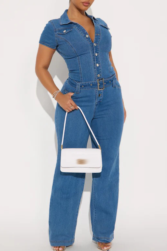 Casual Solid Color With Belt Turndown Collar Short Sleeve Regular Denim Jumpsuits