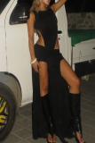 Sexy Solid Color High Slit O Neck Sleeveless Two Pieces
