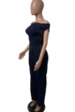 Casual Solid Color Patchwork Off Shoulder Short Sleeve Loose Denim Jumpsuits