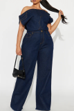 Casual Solid Color Patchwork Off Shoulder Short Sleeve Loose Denim Jumpsuits