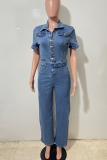 Casual Solid Color With Belt Turndown Collar Short Sleeve Regular Denim Jumpsuits