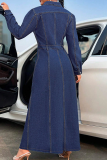 Casual Solid Color Buckle Turndown Collar Long Sleeve Bodycon Denim Dresses