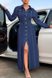 Casual Solid Color Buckle Turndown Collar Long Sleeve Bodycon Denim Dresses