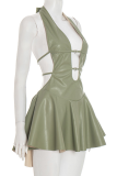 Sexy Solid Color Hollow Out Halter A Line Dresses