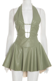 Sexy Solid Color Hollow Out Halter A Line Dresses