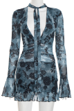 Sexy Print Ruched V Neck Wrapped Skirt Dresses