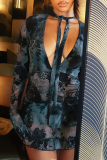 Sexy Print Ruched V Neck Wrapped Skirt Dresses