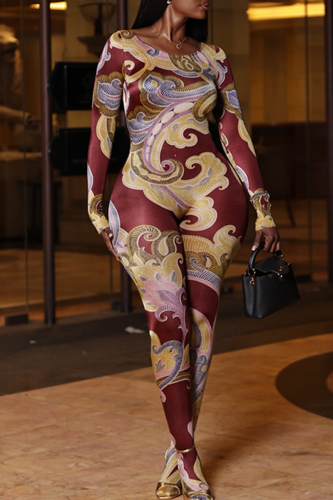 Casual Print Contrast O Neck Skinny Jumpsuits