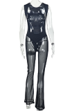 Sexy Solid Color See-Through O Neck Skinny Jumpsuits