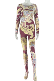 Casual Print Contrast O Neck Skinny Jumpsuits