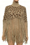 Casual Leopard Print Fringed Trim Turtleneck Outerwear