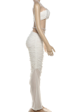 Sexy Solid Color Pearls Decor Halter Sleeveless Two Pieces