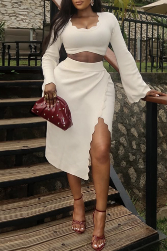 Sexy Solid Color Slit O Neck Long Sleeve Two Pieces