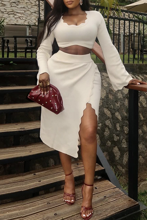 Sexy Solid Color Slit O Neck Long Sleeve Two Pieces