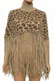 Casual Leopard Print Fringed Trim Turtleneck Outerwear